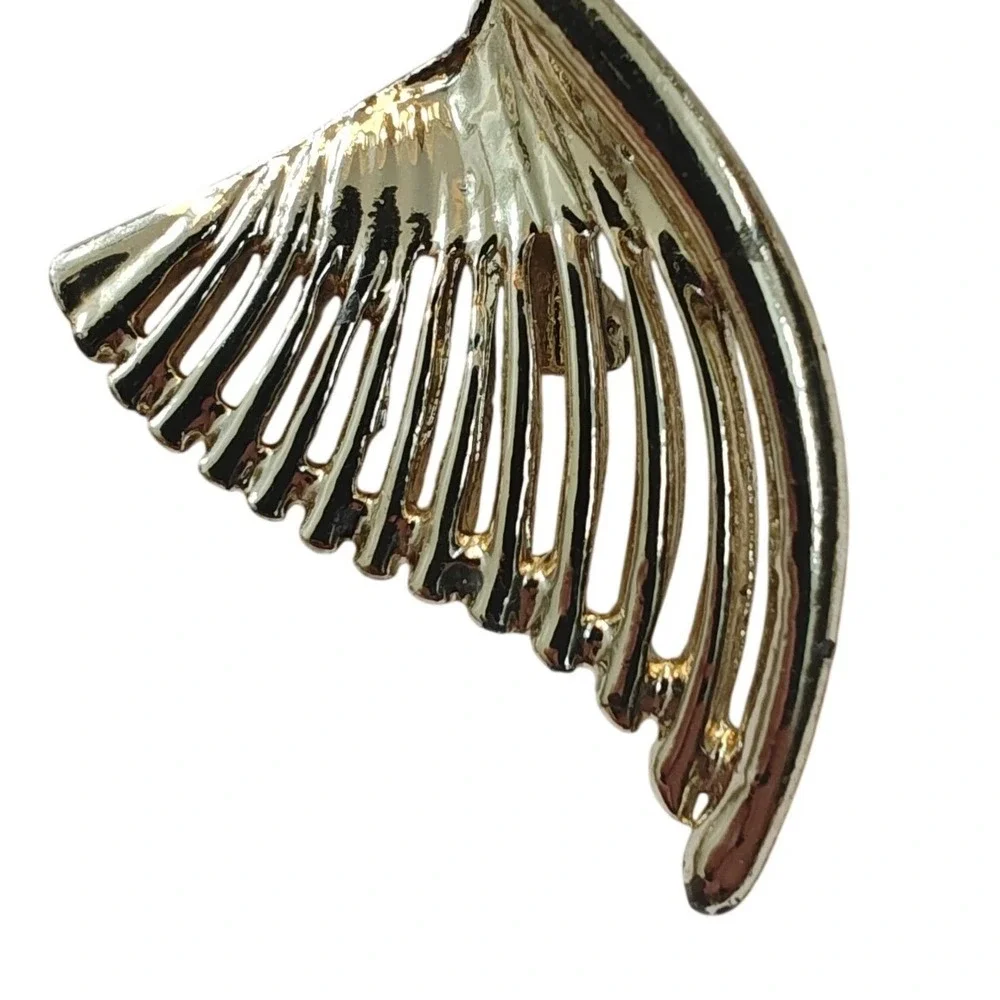 Brooch Gold Teal Blue AB Rhinestone Abstract Wing Fan Vintage Style Pin
